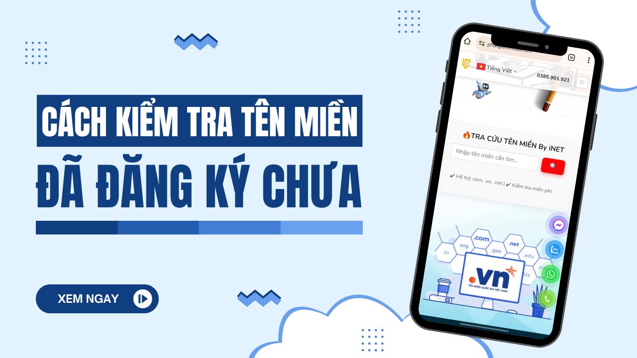 Banner đồ họa minh họa chủ đề Cách kiểm tra tên miền đã đăng ký chưa trên giao diện điện thoại di động và các biểu tượng đuôi miền phổ biến.