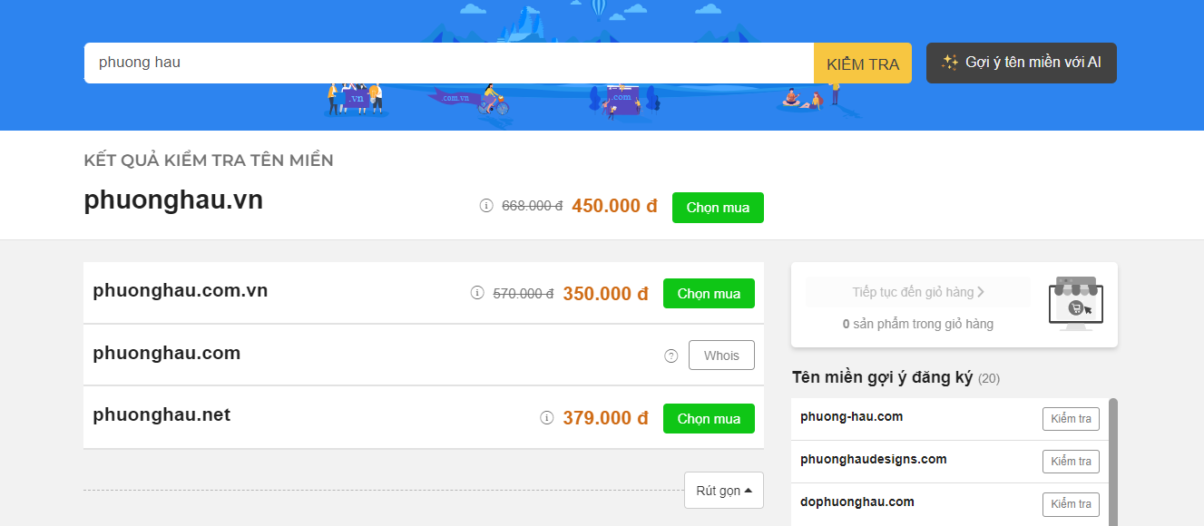Giao diện kết quả cách kiểm tra tên miền đã đăng ký chưa cho từ khóa "phuong hau" hiển thị các trạng thái giá mua và nút Whois trên hệ thống đối tác iNET.