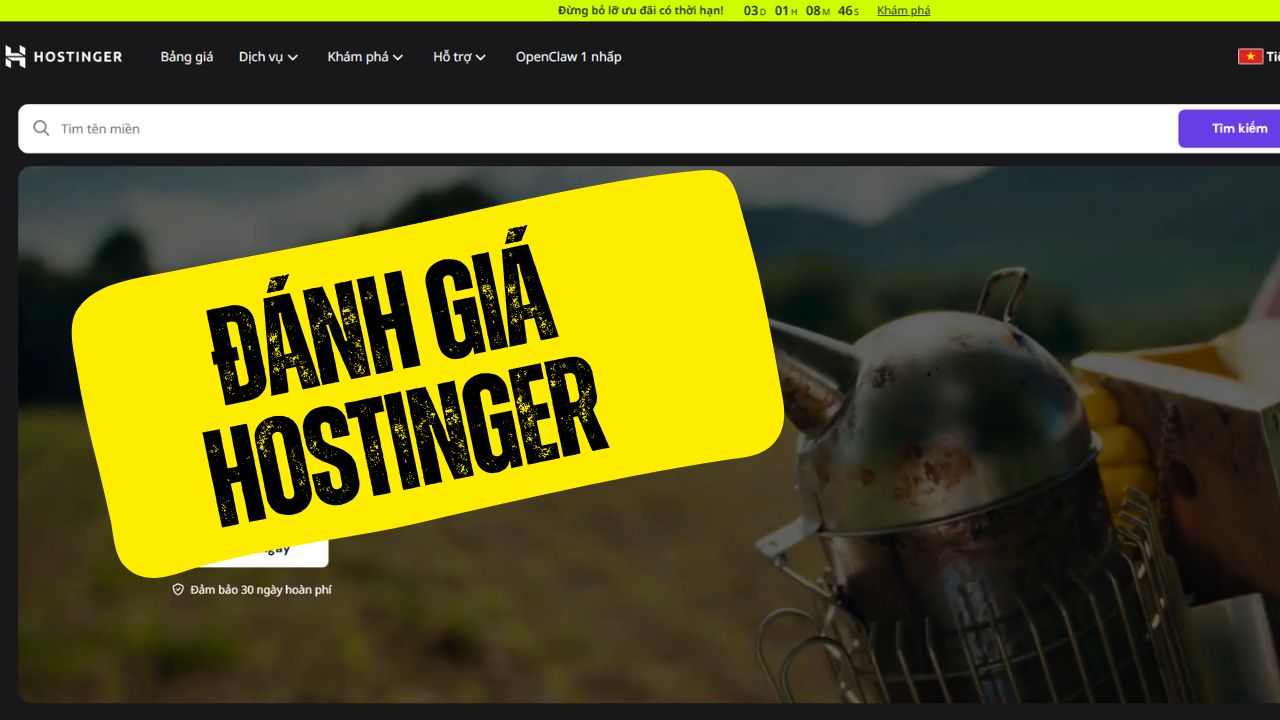 Hình ảnh banner với dòng chữ đánh giá dịch vụ Hostinger nổi bật trên nền vàng