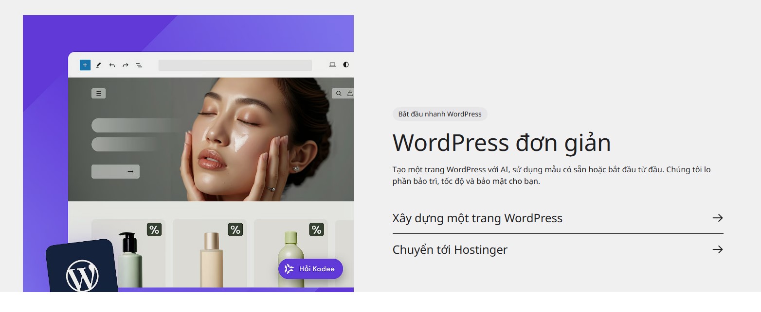 Giao diện WordPress trên Hostinger với trình chỉnh sửa website trực quan và hình ảnh sản phẩm làm đẹp