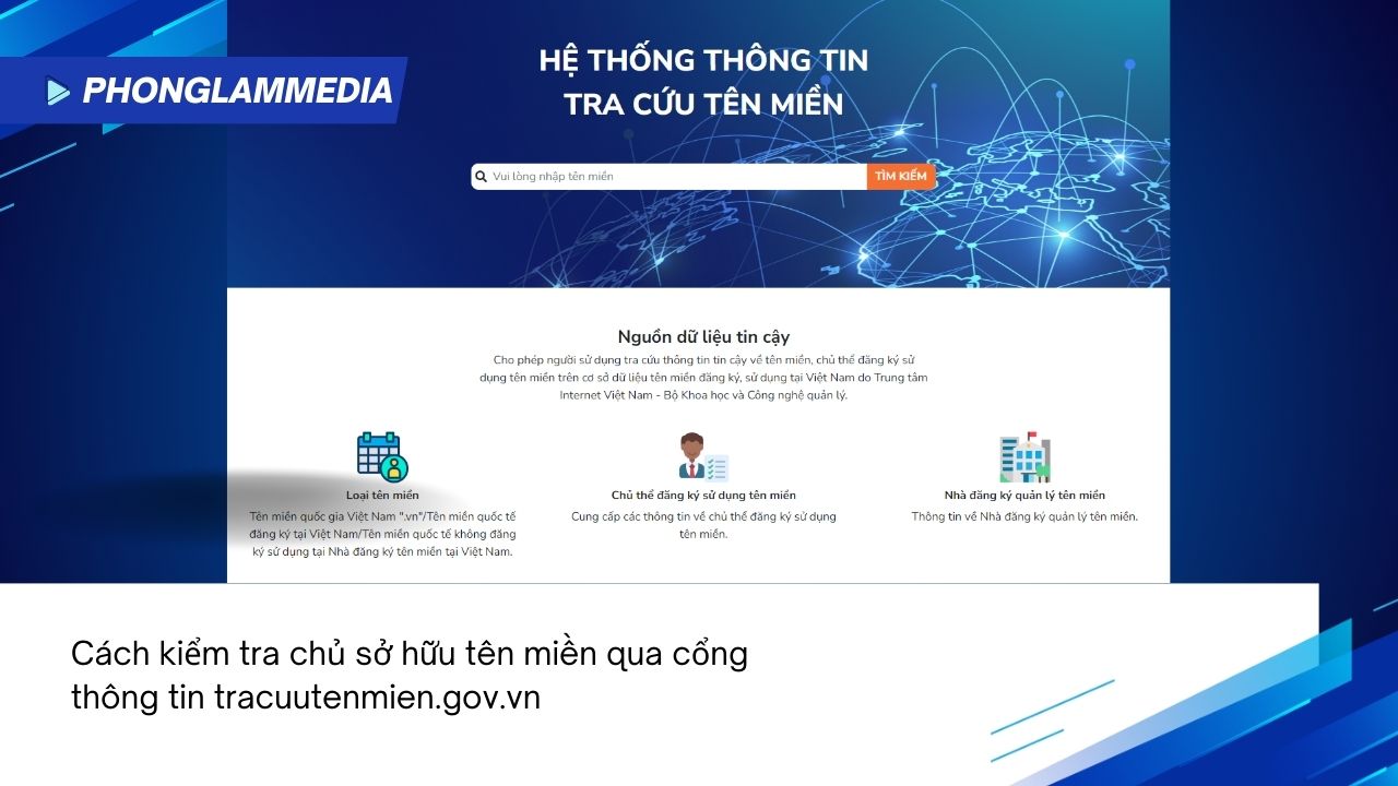 Banner hướng dẫn cách kiểm tra tên miền đã đăng ký chưa và tra cứu chủ thể sở hữu thông qua cổng thông tin chính thống tracuutenmien.gov.vn của VNNIC.