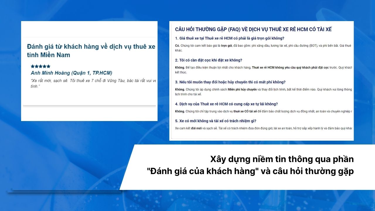 Chuyên mục đánh giá khách hàng và FAQ (câu hỏi thường gặp) được tối ưu khi thiết kế website cho thuê xe.